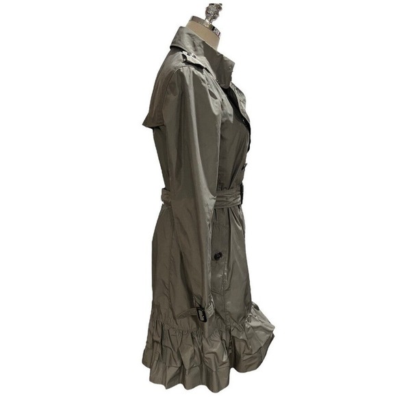 Burberry London Double Breasted Belted Green Gray Ruffled Trench Coat Sz US 6 - Picture 4 of 16